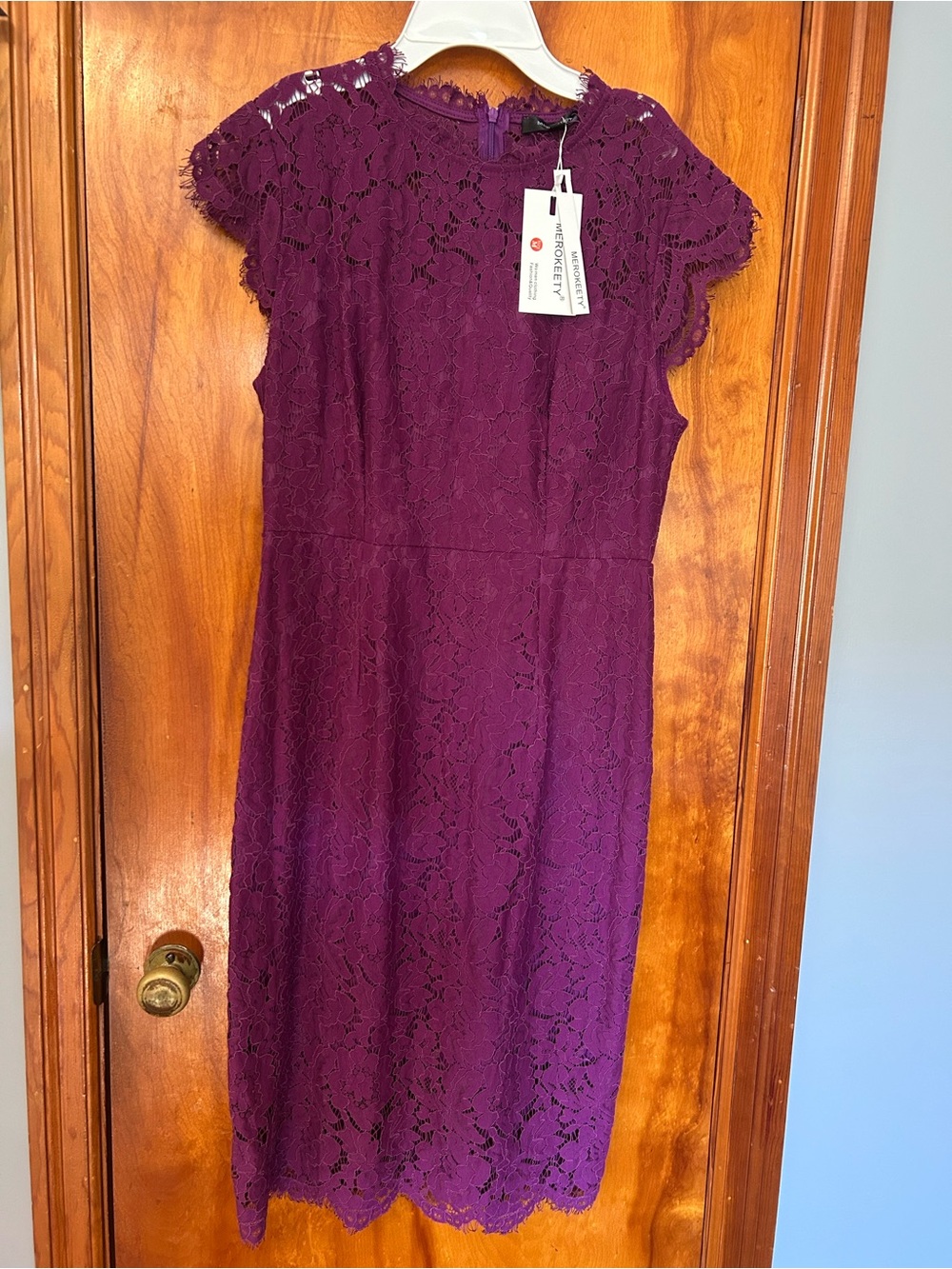 Scallop-Trim Lace Midi Dress in Purple